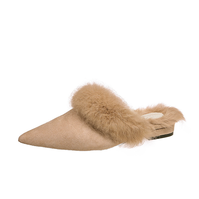Baotou stil ženske papuče s oštrim nosom, podstavljene umjetnim krznom, gornji dio od suede materijala, gumena potplata, zima 2024