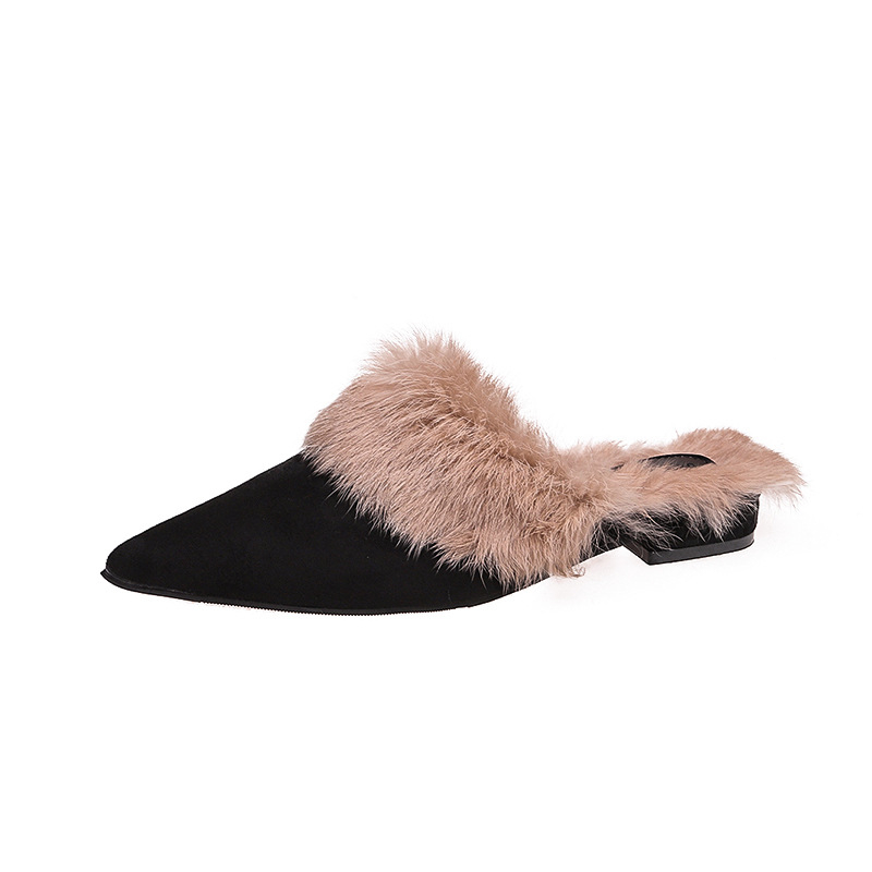 Baotou stil ženske papuče s oštrim nosom, podstavljene umjetnim krznom, gornji dio od suede materijala, gumena potplata, zima 2024