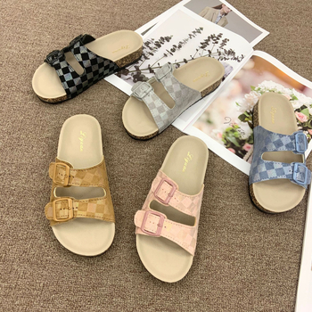 Γυναικείες παντόφλες Slip-On, πάνω μέρος από ύφασμα, καρό σχέδιο, εσωτερικό από συνθετικό μαλλί, σόλα PVC, Μεγέθη 36–45