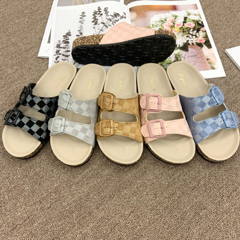 Γυναικείες παντόφλες Slip-On, πάνω μέρος από ύφασμα, καρό σχέδιο, εσωτερικό από συνθετικό μαλλί, σόλα PVC, Μεγέθη 36–45