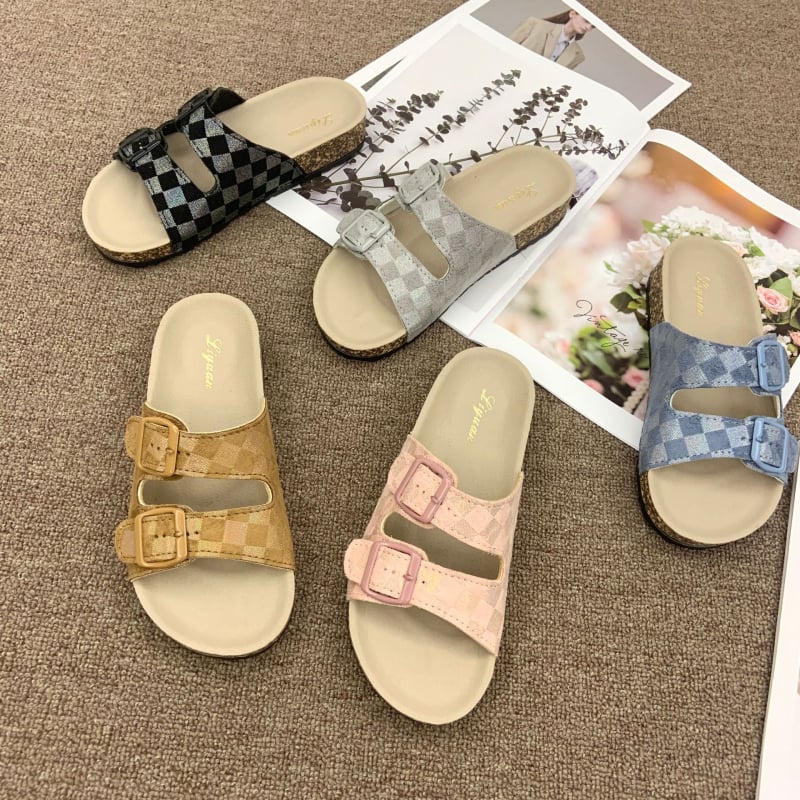 Γυναικείες παντόφλες Slip-On, πάνω μέρος από ύφασμα, καρό σχέδιο, εσωτερικό από συνθετικό μαλλί, σόλα PVC, Μεγέθη 36–45