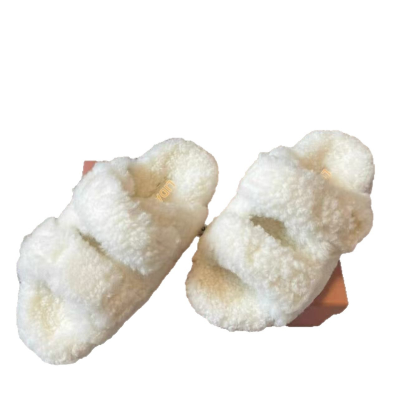 Papuci de femei cu blană artificială, partea superioară din pluș, căptușeală din lână de oaie, talpă din cauciuc antiderapant, grosime 3–5 cm