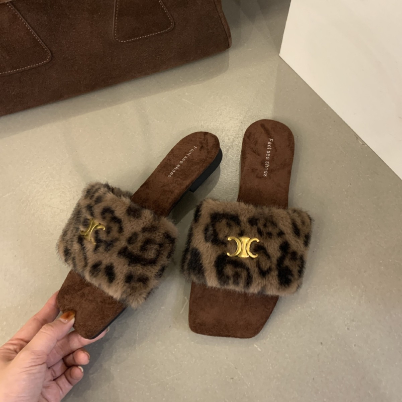 Ženske papuče s leopardim uzorkom i plišastim gornjim dijelom, korejski stil, gornji materijal umjetna dlaka, unutarnja PU, potplat od gume, protuklizne, plosnat potplat, svakodnevna upotreba