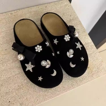 Zatvorene prsti mule s rhinestones i čvorom leptir, platforma - korejski stil, gornji dio PU, potplat plastični, 0-3 cm visina, ravna peta