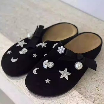 Zatvorene prsti mule s rhinestones i čvorom leptir, platforma - korejski stil, gornji dio PU, potplat plastični, 0-3 cm visina, ravna peta