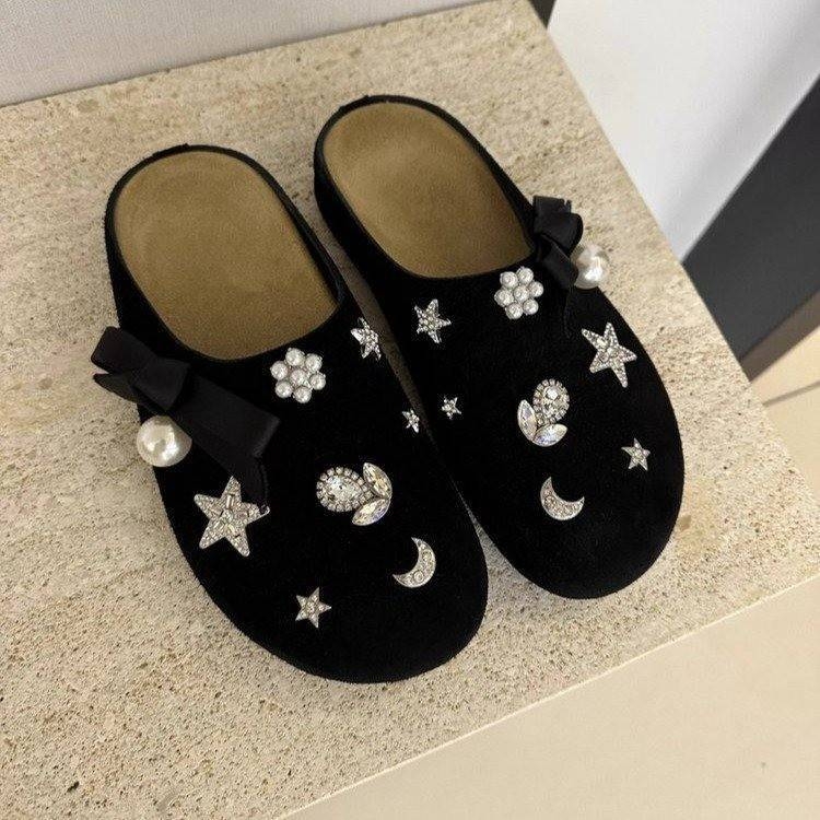 Zatvorene prsti mule s rhinestones i čvorom leptir, platforma - korejski stil, gornji dio PU, potplat plastični, 0-3 cm visina, ravna peta