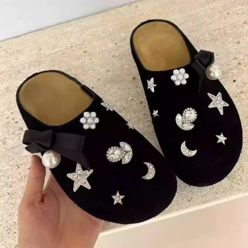Zatvorene prsti mule s rhinestones i čvorom leptir, platforma - korejski stil, gornji dio PU, potplat plastični, 0-3 cm visina, ravna peta