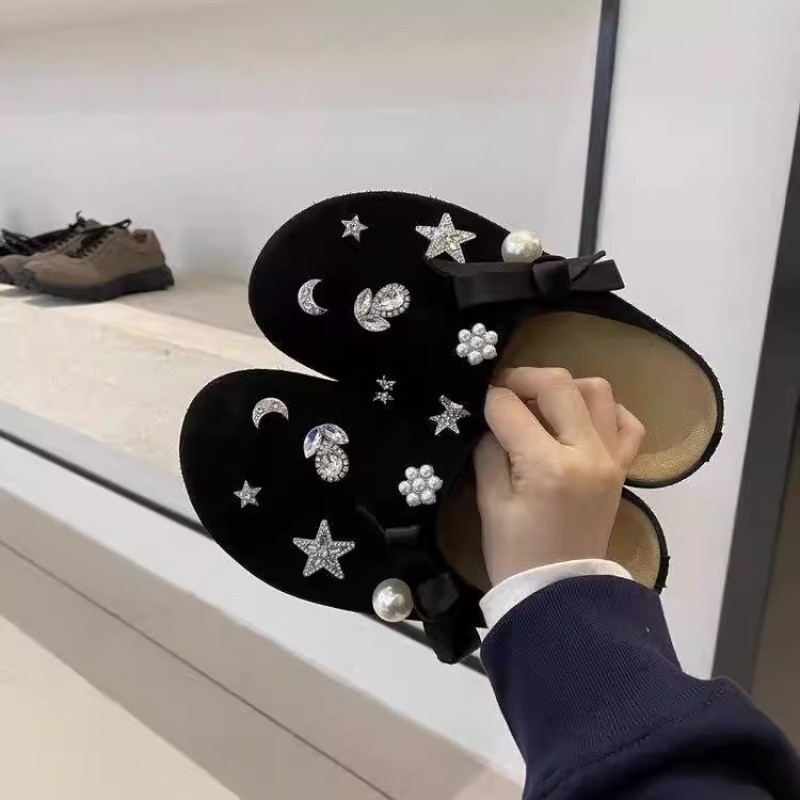 Zatvorene prsti mule s rhinestones i čvorom leptir, platforma - korejski stil, gornji dio PU, potplat plastični, 0-3 cm visina, ravna peta