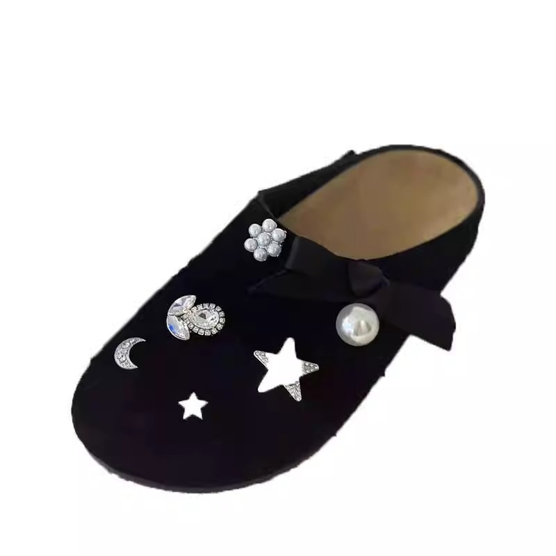 Zatvorene prsti mule s rhinestones i čvorom leptir, platforma - korejski stil, gornji dio PU, potplat plastični, 0-3 cm visina, ravna peta