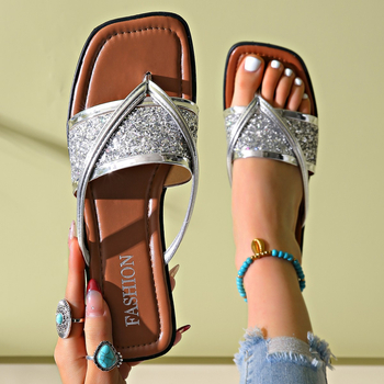 Ženske sequin flip-flop sandale, PU gornji dio, PU unutrašnjost, gumena potplat, jednobojne, otporne na habanje (PU gornji dio; PU unutrašnjost; gumena potplat; jednobojni dizajn; otporne na habanje)