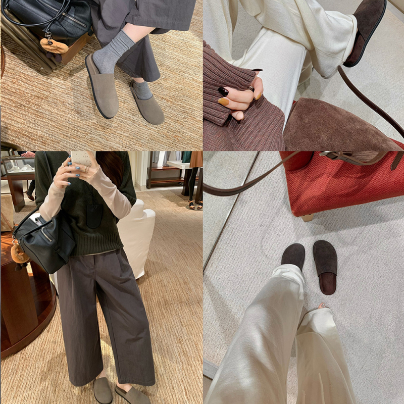 Kožne papuče s plišanim gornjim dijelom, gumena potplata, slip-on, ravni potplat, debljina potplata 0–3 cm, jesen-zima