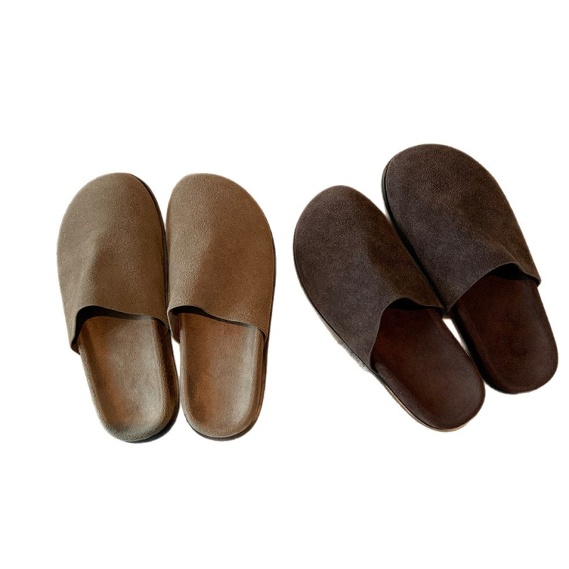 Kožne papuče s plišanim gornjim dijelom, gumena potplata, slip-on, ravni potplat, debljina potplata 0–3 cm, jesen-zima