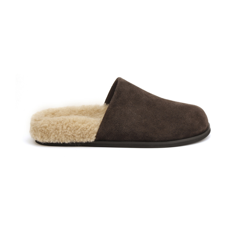 Kožne papuče s plišanim gornjim dijelom, gumena potplata, slip-on, ravni potplat, debljina potplata 0–3 cm, jesen-zima