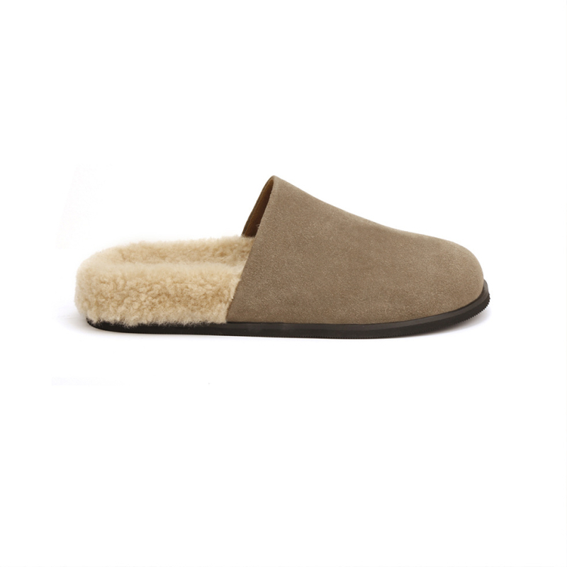 Kožne papuče s plišanim gornjim dijelom, gumena potplata, slip-on, ravni potplat, debljina potplata 0–3 cm, jesen-zima