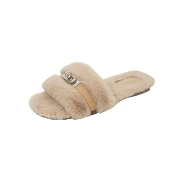 Γυναικείες γούνινες παντόφλες με κλείσιμο αγκράφας για εξωτερική χρήση, φθινοπωρινό‑χειμερινό 2025, κορεατικό στυλ, επάνω μέρος από τεχνητό γούνινο ύφασμα, επένδυση από τεχνητό μαλλί, σόλα από καουτσούκ, πάχος σόλας 0–3 εκ, ίσια σόλα, μονόχρωμες