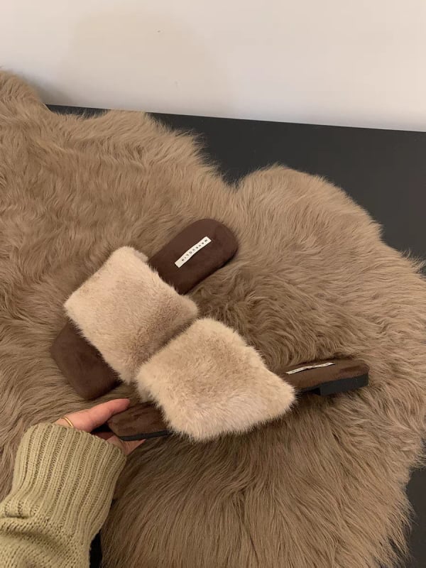 Női retro szőrös papucs, plüss bélés, gumírozott talp, csúszásmentes, lapos talp, őszi 2024