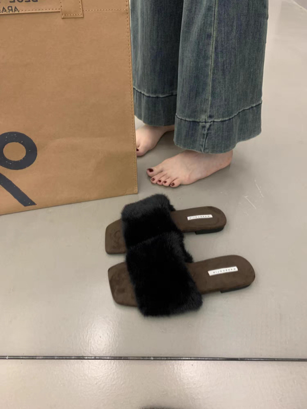 Női retro szőrös papucs, plüss bélés, gumírozott talp, csúszásmentes, lapos talp, őszi 2024