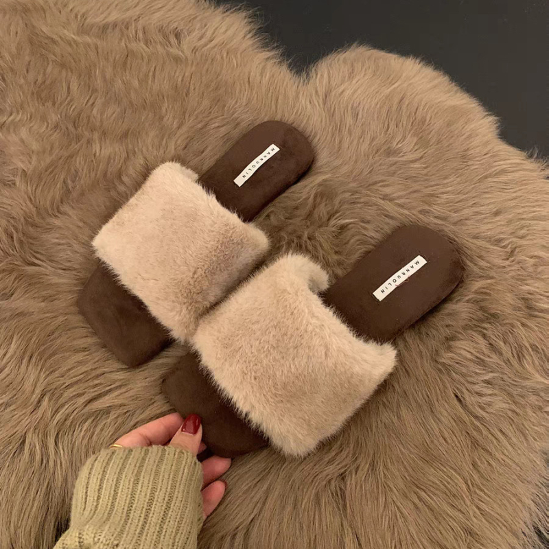 Női retro szőrös papucs, plüss bélés, gumírozott talp, csúszásmentes, lapos talp, őszi 2024