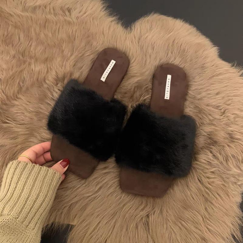 Női retro szőrös papucs, plüss bélés, gumírozott talp, csúszásmentes, lapos talp, őszi 2024