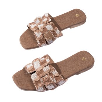 Dámske sandále s otvoreným prstom a plochou podrážkou - štvorcový nos, denim vrchná časť, podrážka z TPR, mriežkový vzor, textilná podšívka