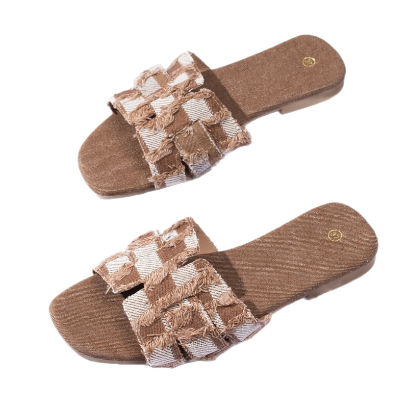 Dámske sandále s otvoreným prstom a plochou podrážkou - štvorcový nos, denim vrchná časť, podrážka z TPR, mriežkový vzor, textilná podšívka