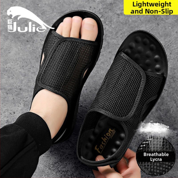 Мъжки летни сандали: дишаща горна част от мрежа, PU подметка, закопчаване с лепенка, стелка от синтетична кожа, открит пръст