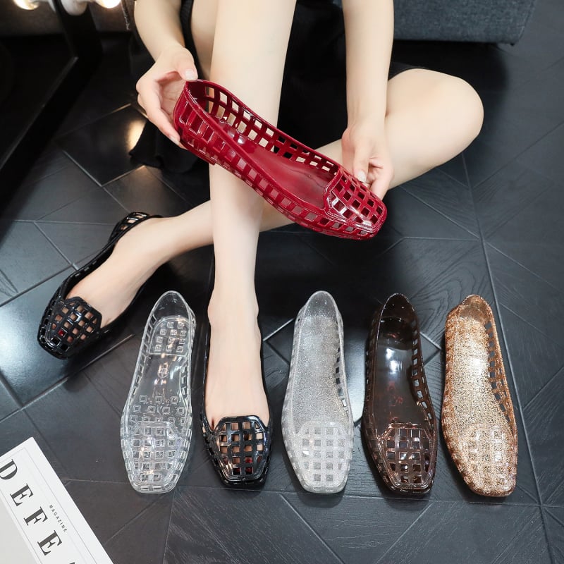 Ženske ploske cipele, gornji dio od plastike, potplat PVC, kvadratni vrh, niski profil, slip-on