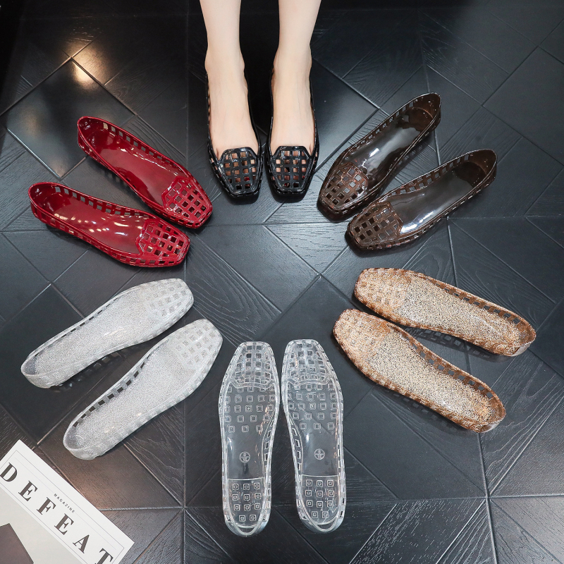 Ženske ploske cipele, gornji dio od plastike, potplat PVC, kvadratni vrh, niski profil, slip-on