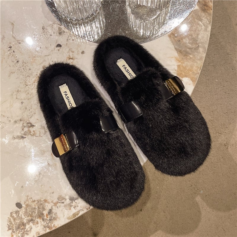 Papuci de casă slip-on pentru femei, interior pluș din bumbac, vârf rotund, talpă plată, PU partea superioară