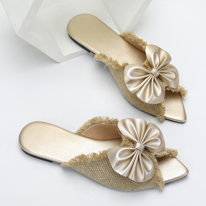 Papuci cu talpă plată din in, partea superioară din in, talpă PVC, interior Cortex, vară 2024, închidere cu o singură pedala