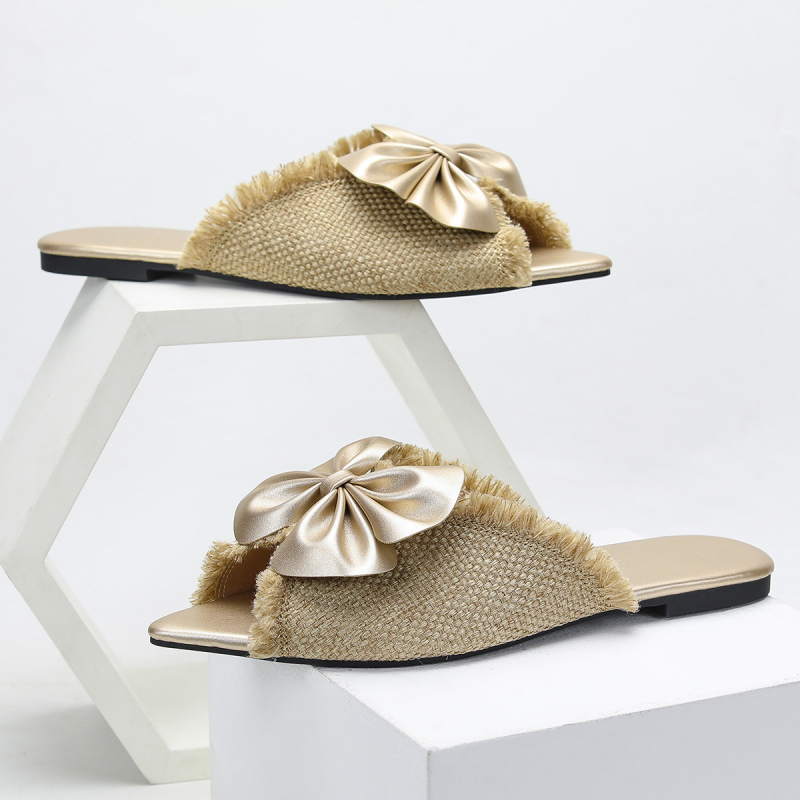 Papuci cu talpă plată din in, partea superioară din in, talpă PVC, interior Cortex, vară 2024, închidere cu o singură pedala