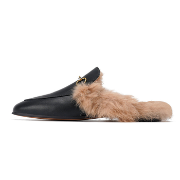 Ženske papuče mule s krznom od zeca, gornji i unutarnji dio od krzna, gumena potplata, slip-on zatvaranje, ravna potplata, jesen-zima, debljina potplata 0–3 cm