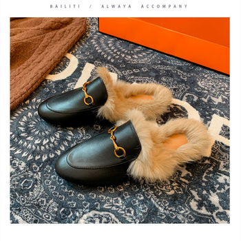 Ženske papuče mule s krznom od zeca, gornji i unutarnji dio od krzna, gumena potplata, slip-on zatvaranje, ravna potplata, jesen-zima, debljina potplata 0–3 cm