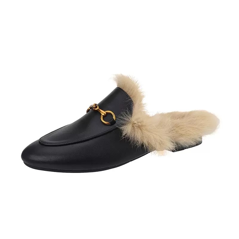 Ženske papuče mule s krznom od zeca, gornji i unutarnji dio od krzna, gumena potplata, slip-on zatvaranje, ravna potplata, jesen-zima, debljina potplata 0–3 cm