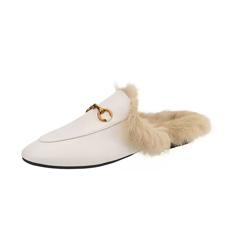 Ženske papuče mule s krznom od zeca, gornji i unutarnji dio od krzna, gumena potplata, slip-on zatvaranje, ravna potplata, jesen-zima, debljina potplata 0–3 cm