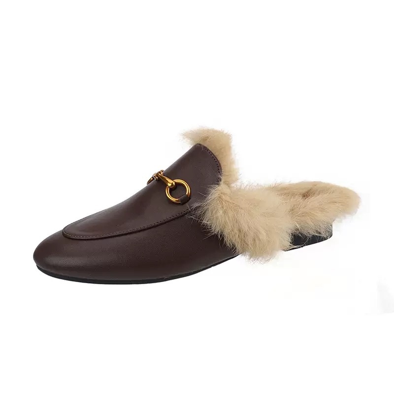 Ženske papuče mule s krznom od zeca, gornji i unutarnji dio od krzna, gumena potplata, slip-on zatvaranje, ravna potplata, jesen-zima, debljina potplata 0–3 cm