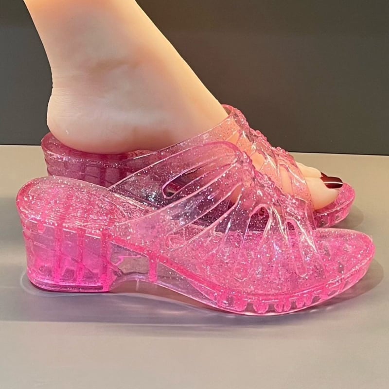 Kristalne PVC sandale s povećanjem visine, prozirni gornji dio, PVC đon, ravni đon, debljina đona 0–3 cm