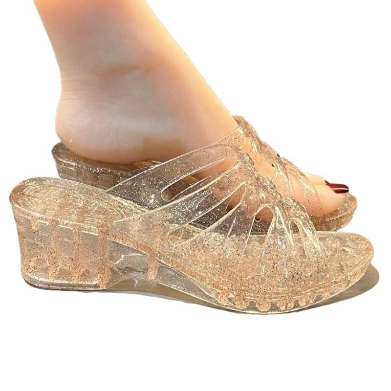 Kristalne PVC sandale s povećanjem visine, prozirni gornji dio, PVC đon, ravni đon, debljina đona 0–3 cm