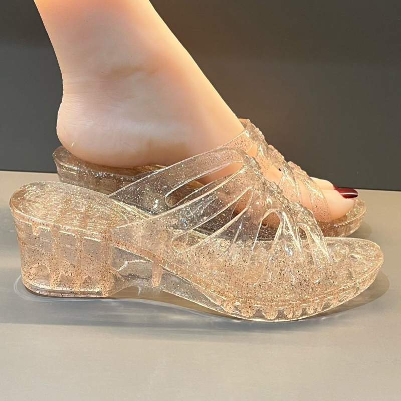 Kristalne PVC sandale s povećanjem visine, prozirni gornji dio, PVC đon, ravni đon, debljina đona 0–3 cm