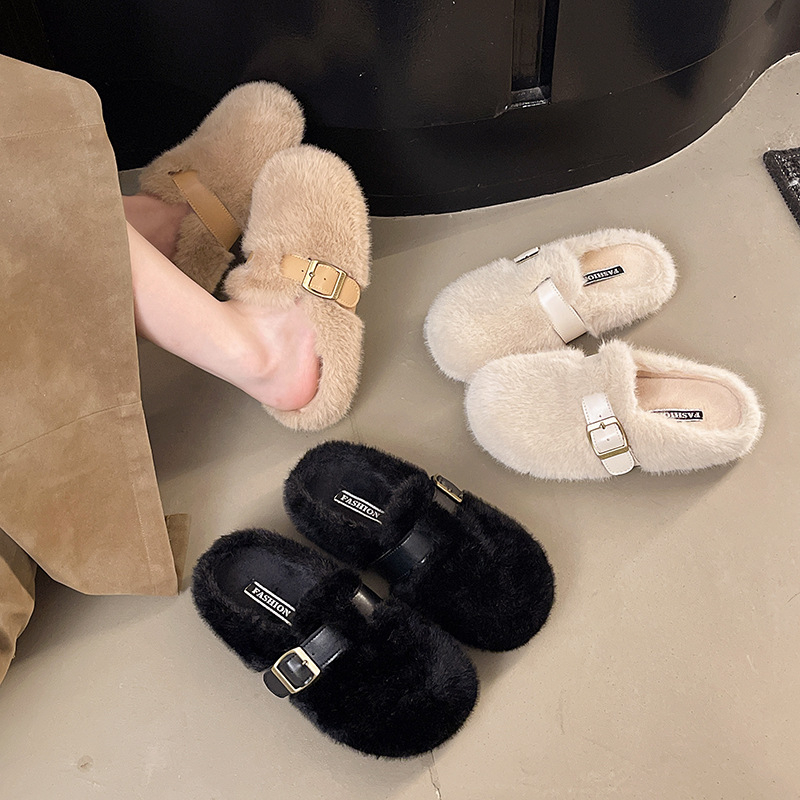 Ženske papuče slip-on od velura, Toe-Cap, gumom potplata, ravna potplata, jesen 2025
