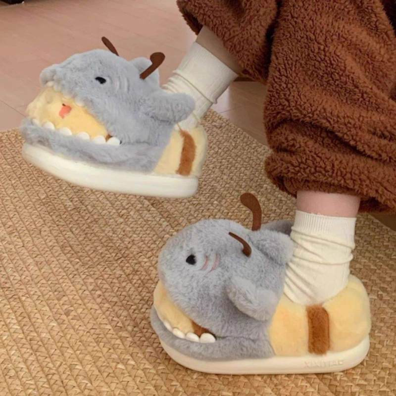 Unisex papuče za dom s motívom ajkula-pčela – minimalistički stil, gornji dio od velura, potplat od pjene, mekana unutrašnjost, lagane i protuklizne, debljina potplata 0-3 cm, zimske