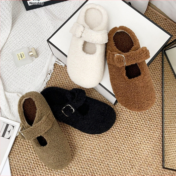 Kórejský domáci papuče s hrubou podrážkou, vrchný diel z umelého plyšu, vnútorná podšívka z umelej srsti, PVC podrážka, zapínanie jednou sponou, zima 2025, ľahké a teplé