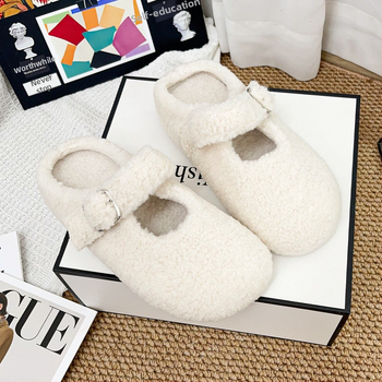 Kórejský domáci papuče s hrubou podrážkou, vrchný diel z umelého plyšu, vnútorná podšívka z umelej srsti, PVC podrážka, zapínanie jednou sponou, zima 2025, ľahké a teplé