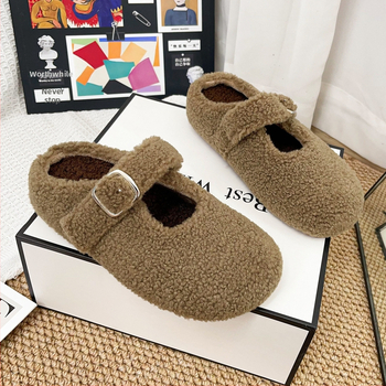 Kórejský domáci papuče s hrubou podrážkou, vrchný diel z umelého plyšu, vnútorná podšívka z umelej srsti, PVC podrážka, zapínanie jednou sponou, zima 2025, ľahké a teplé