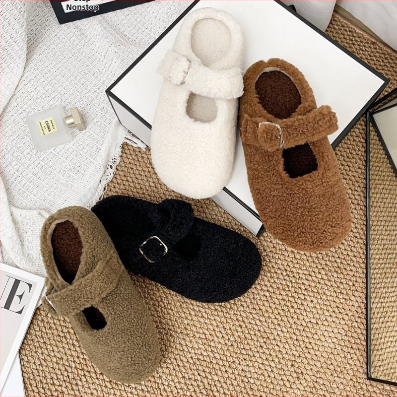 Kórejský domáci papuče s hrubou podrážkou, vrchný diel z umelého plyšu, vnútorná podšívka z umelej srsti, PVC podrážka, zapínanie jednou sponou, zima 2025, ľahké a teplé