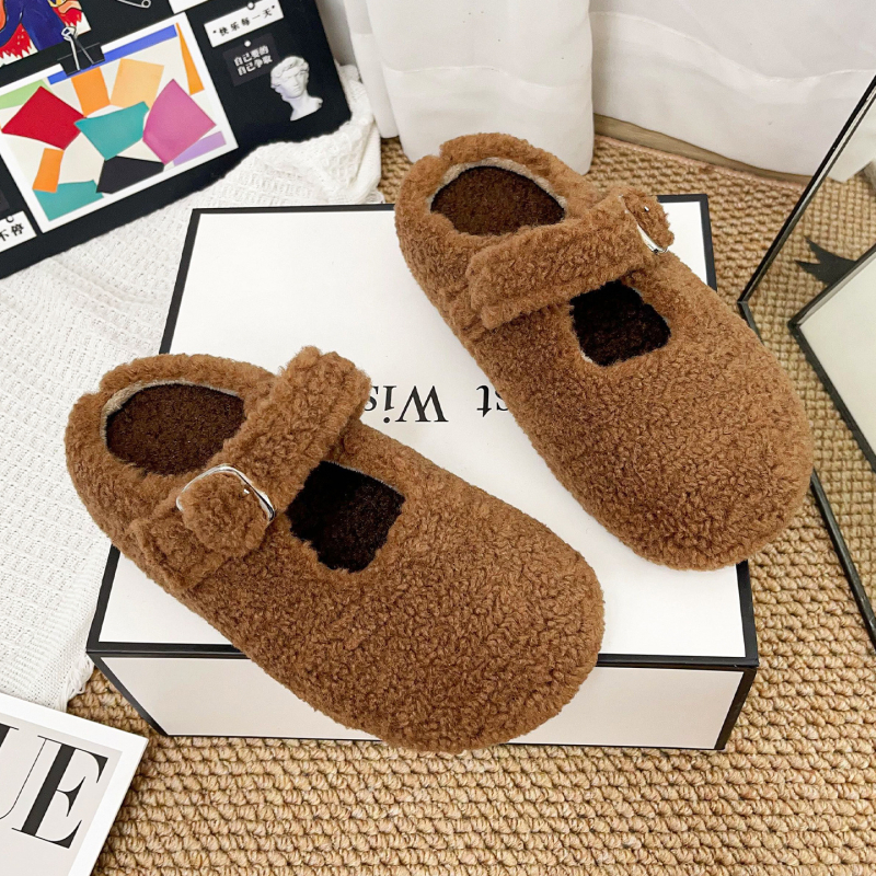 Kórejský domáci papuče s hrubou podrážkou, vrchný diel z umelého plyšu, vnútorná podšívka z umelej srsti, PVC podrážka, zapínanie jednou sponou, zima 2025, ľahké a teplé