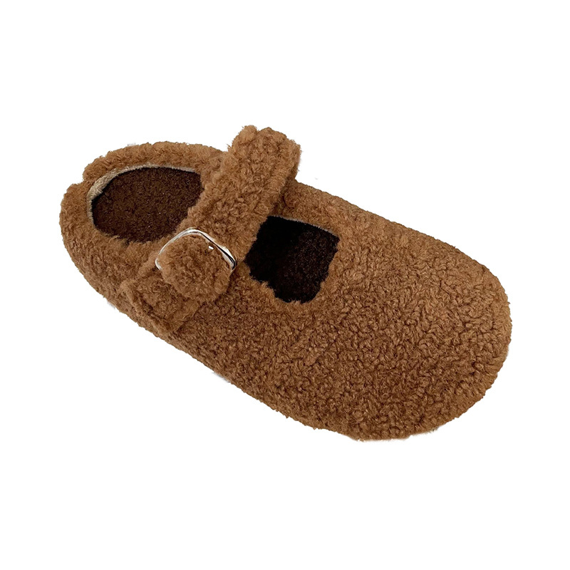 Kórejský domáci papuče s hrubou podrážkou, vrchný diel z umelého plyšu, vnútorná podšívka z umelej srsti, PVC podrážka, zapínanie jednou sponou, zima 2025, ľahké a teplé