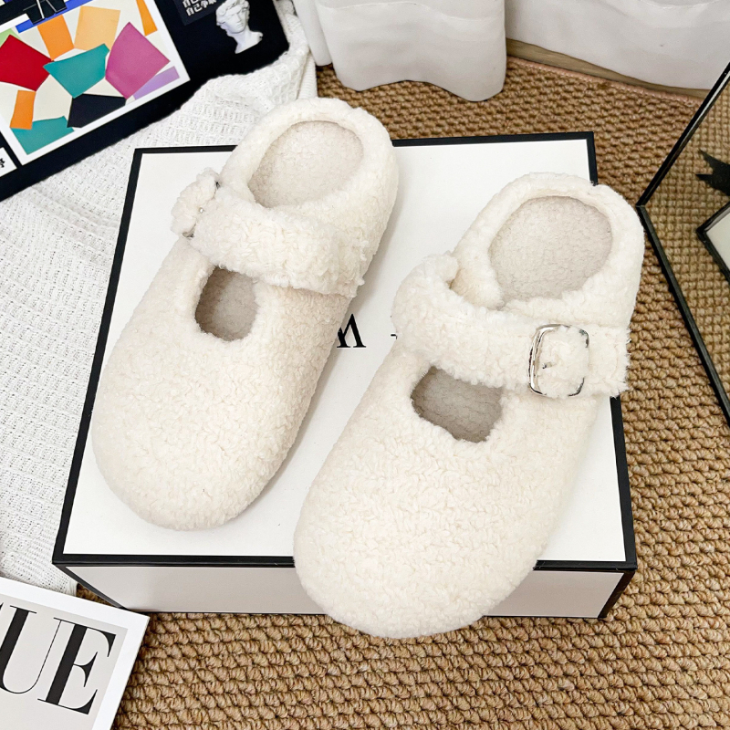 Kórejský domáci papuče s hrubou podrážkou, vrchný diel z umelého plyšu, vnútorná podšívka z umelej srsti, PVC podrážka, zapínanie jednou sponou, zima 2025, ľahké a teplé