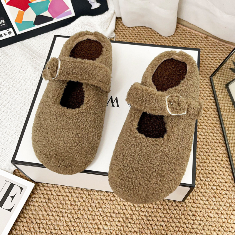 Kórejský domáci papuče s hrubou podrážkou, vrchný diel z umelého plyšu, vnútorná podšívka z umelej srsti, PVC podrážka, zapínanie jednou sponou, zima 2025, ľahké a teplé