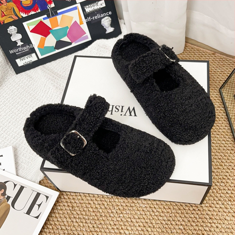 Kórejský domáci papuče s hrubou podrážkou, vrchný diel z umelého plyšu, vnútorná podšívka z umelej srsti, PVC podrážka, zapínanie jednou sponou, zima 2025, ľahké a teplé
